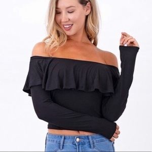 Hearts & Hips Black Off Shoulder Ruffled Long Sleeve Cropped Top